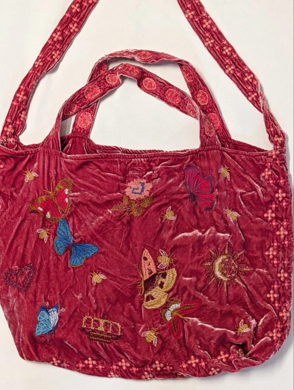 Johnny Was Aria Velvet Silk Embroidered Butterfly & Bee Floral Tote Shoulder Bag